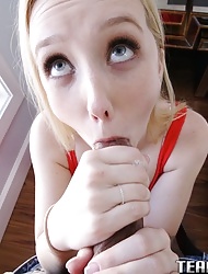 Gorgeous blue eyed blonde teen babe Samantha Rone sucks a huge cock on camera for the first time