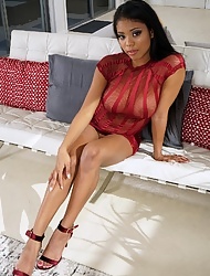 Sexy tall pornstar Nia Nacci posing tight short dress before masturbating